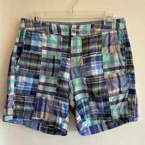 L L BEAN Favorite Fit Blue Purple Madras Patchwork Plaid Shorts 4